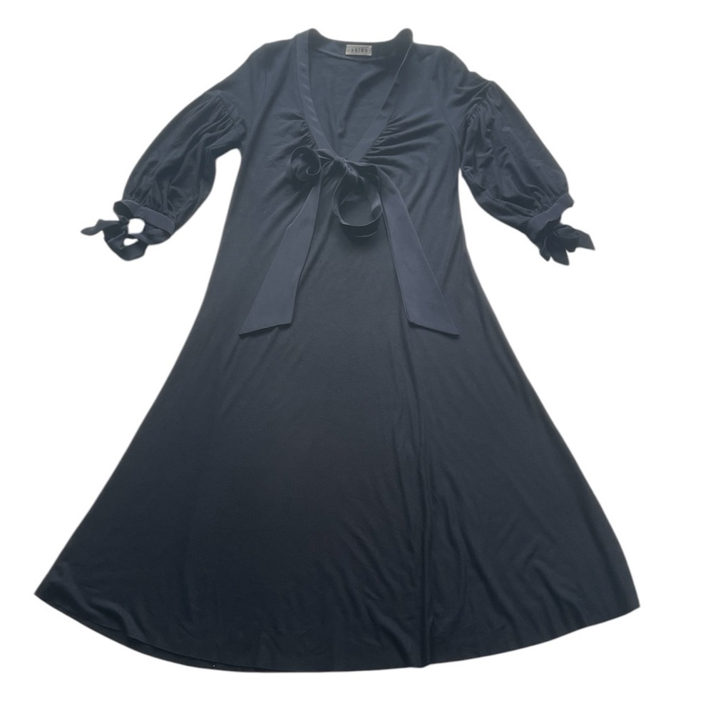 Akiko Black Midi Dress with Puff Sleeves and Front Tie Size Small